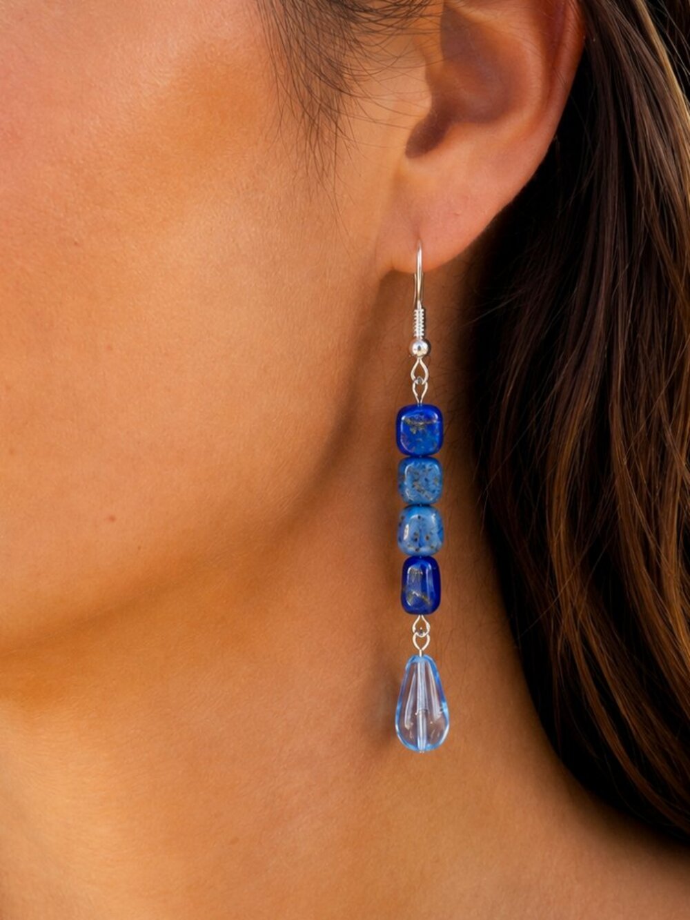 Long Lapis Lazuli Stone & Pale Blue Teardrop Glass Earrings, Sterling Silver